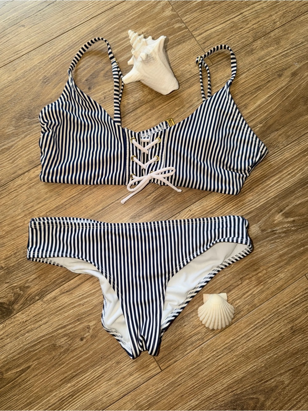 Xhilaration Navy & White Striped Bikini Top